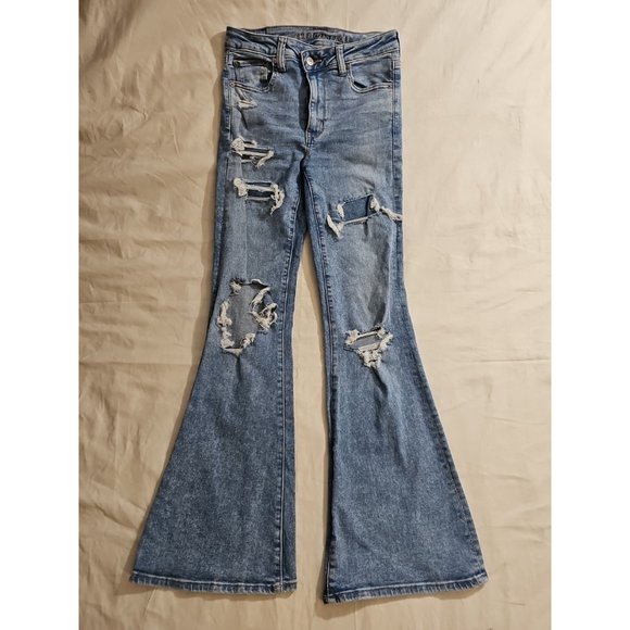 American Eagle Super High Rise Distressed Ripped Flare Jeans 6 Long - Picture 1 of 6